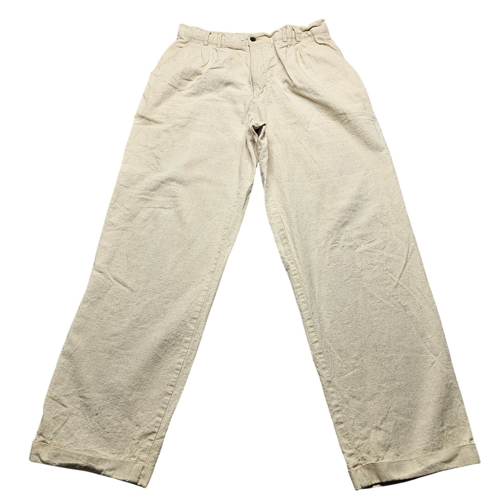 Perry Ellis Mens Beige Linen Cotton Pleated Straight Leg Trousers Size 34